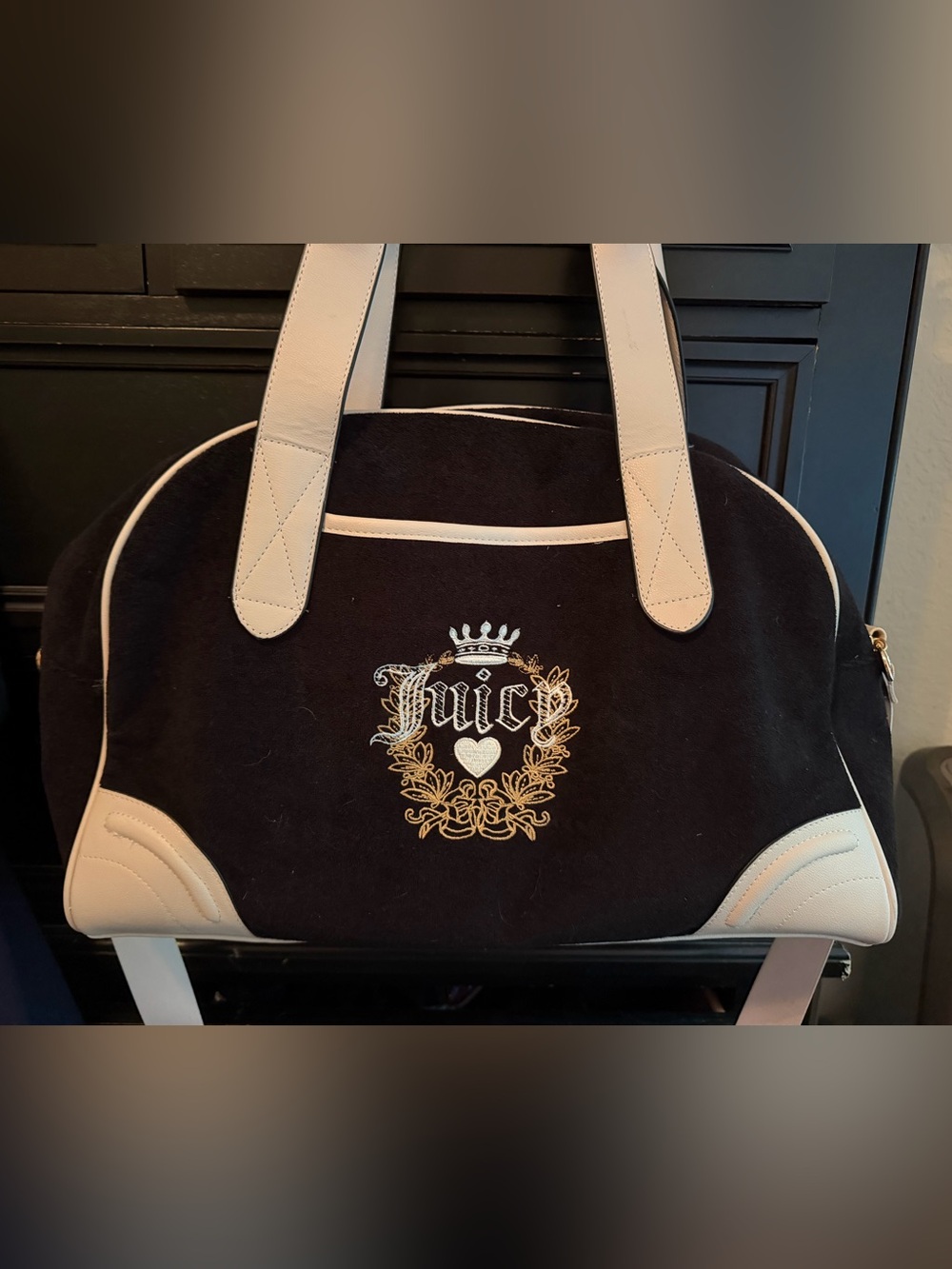 Juicy Couture Heritage Weekender Bag in Black and Cream Velour: NEW without tag